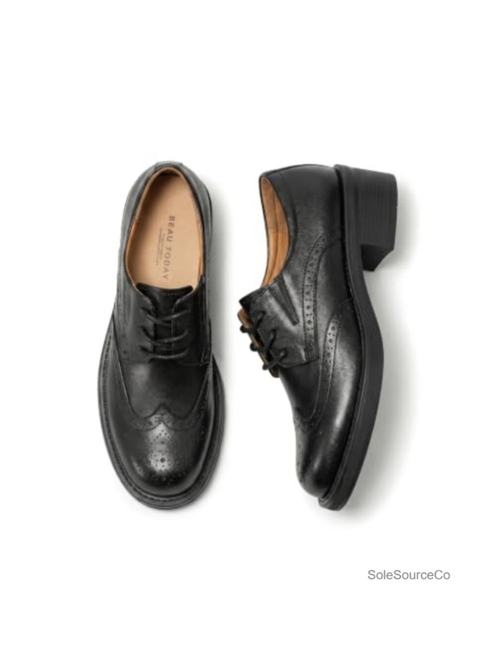 Waxed Sheepskin Leather Oxford Shoes Wingtip Brogue Lace Up Heel